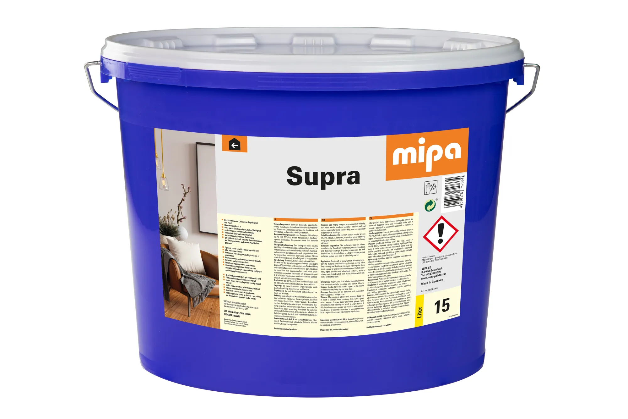 Mipa Supra stumpfmatte umweltschonende Innendispersionsfarbe/Innenwandfarbe, weiss, 15 Liter