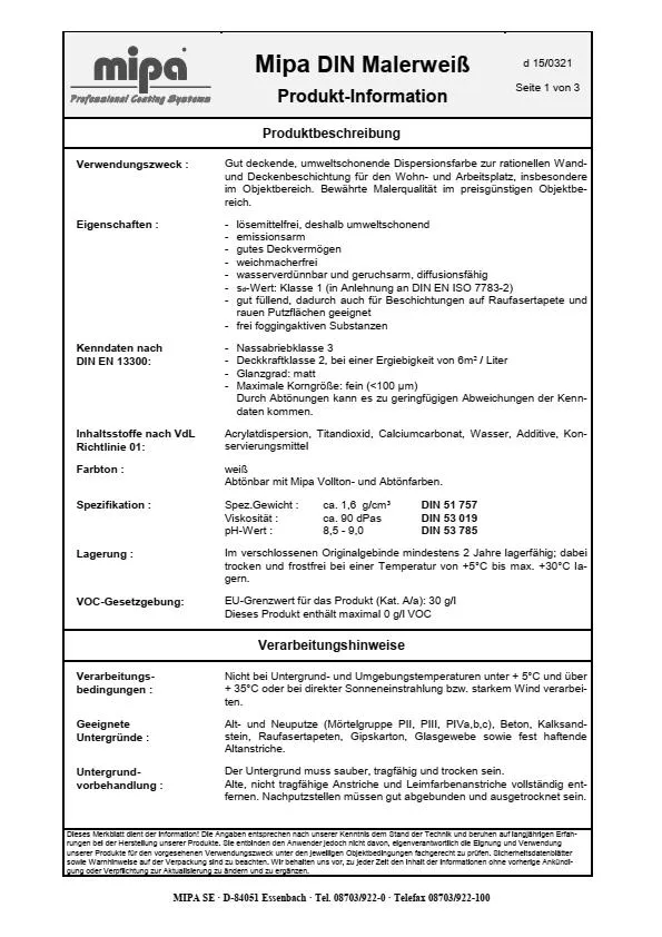 Mipa DIN-Malerweiss - 12,5 Liter Mipa DIN-Malerweiss - 12,5 Liter