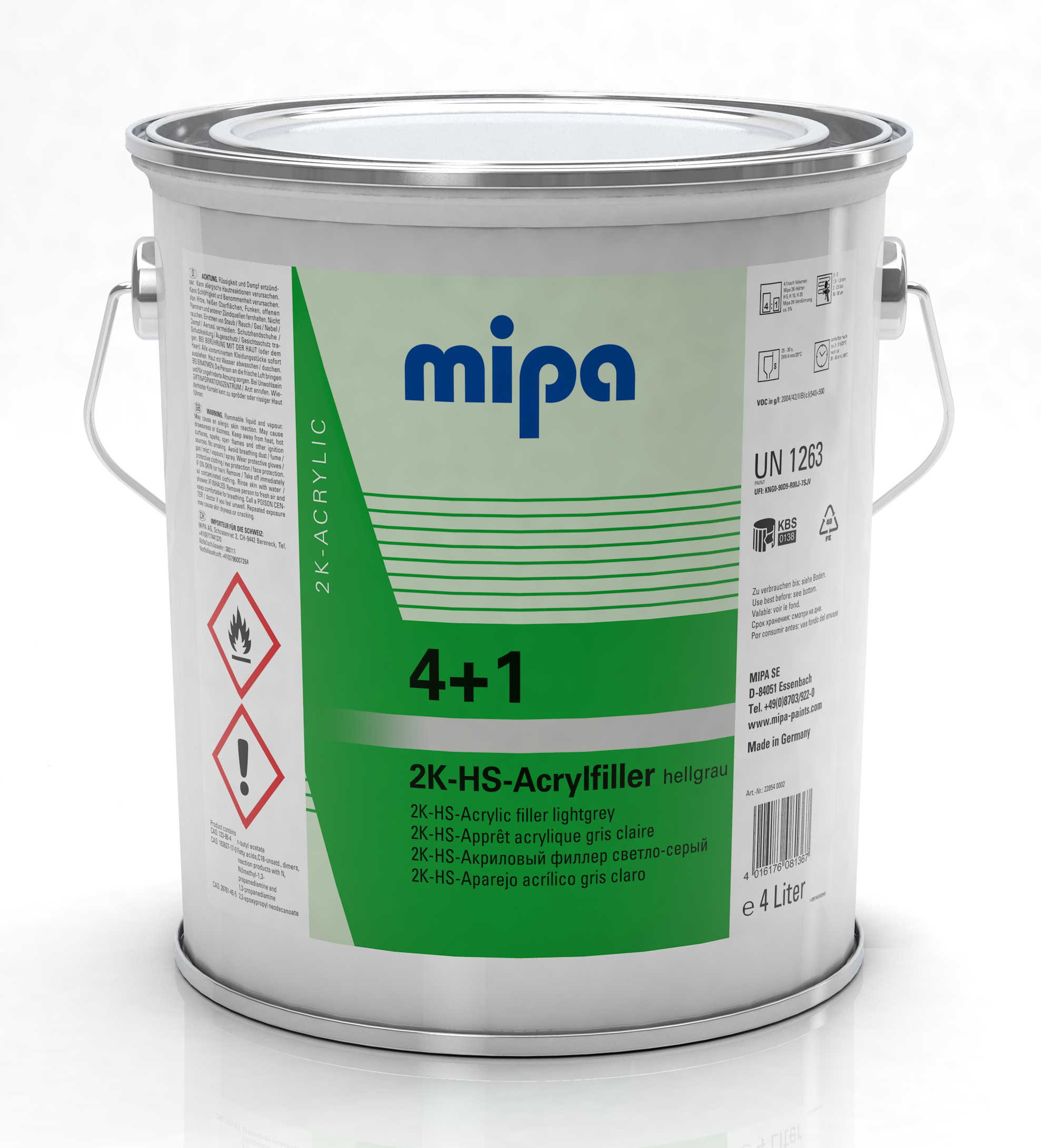 Mipa 4+1 Acrylfiller HS Füller Dickschichtfüller Autolack hellgrau, 4 Liter