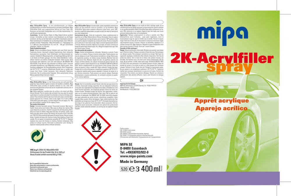 Mipa 2K-Acrylfiller Spray inkl Härter grau Grundierung Rostschutz Autolack Mipa 2K-Acrylfiller Spray inkl Härter grau Grundierung Rostschutz Autolack