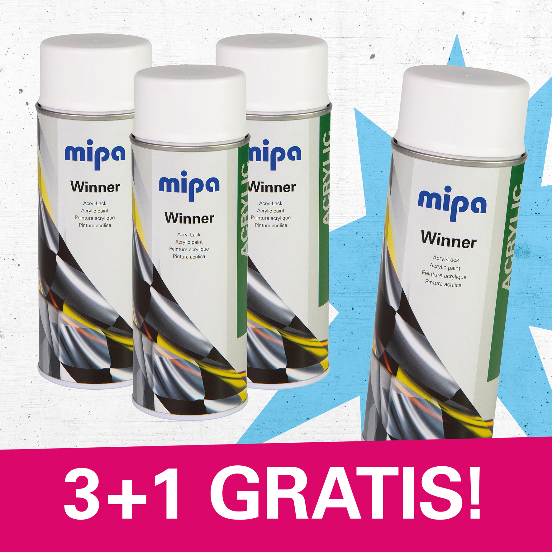 Mipa Winner Acryl-Lack Spraydose weiss matt 4x400 ml – Bundle Set 3+1 GRATIS Mipa Winner Acryl-Lack Spraydose weiss matt 4x400 ml – Bundle Set 3+1 GRATIS