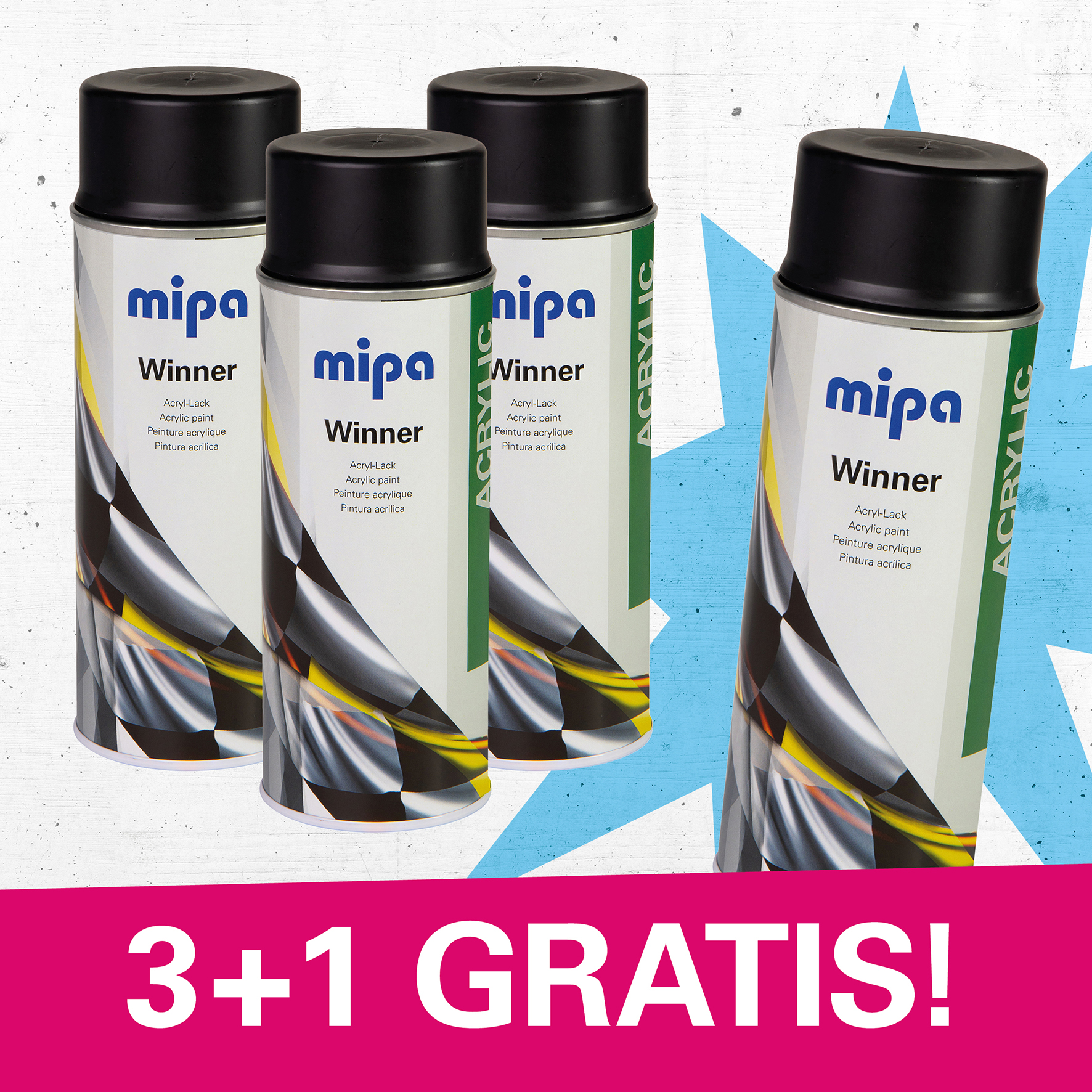 Mipa Winner Acryl-Lack Spraydose schwarz matt / kontrollschwarz, 4x400 ml - Bundle Set 3+1 GRATIS