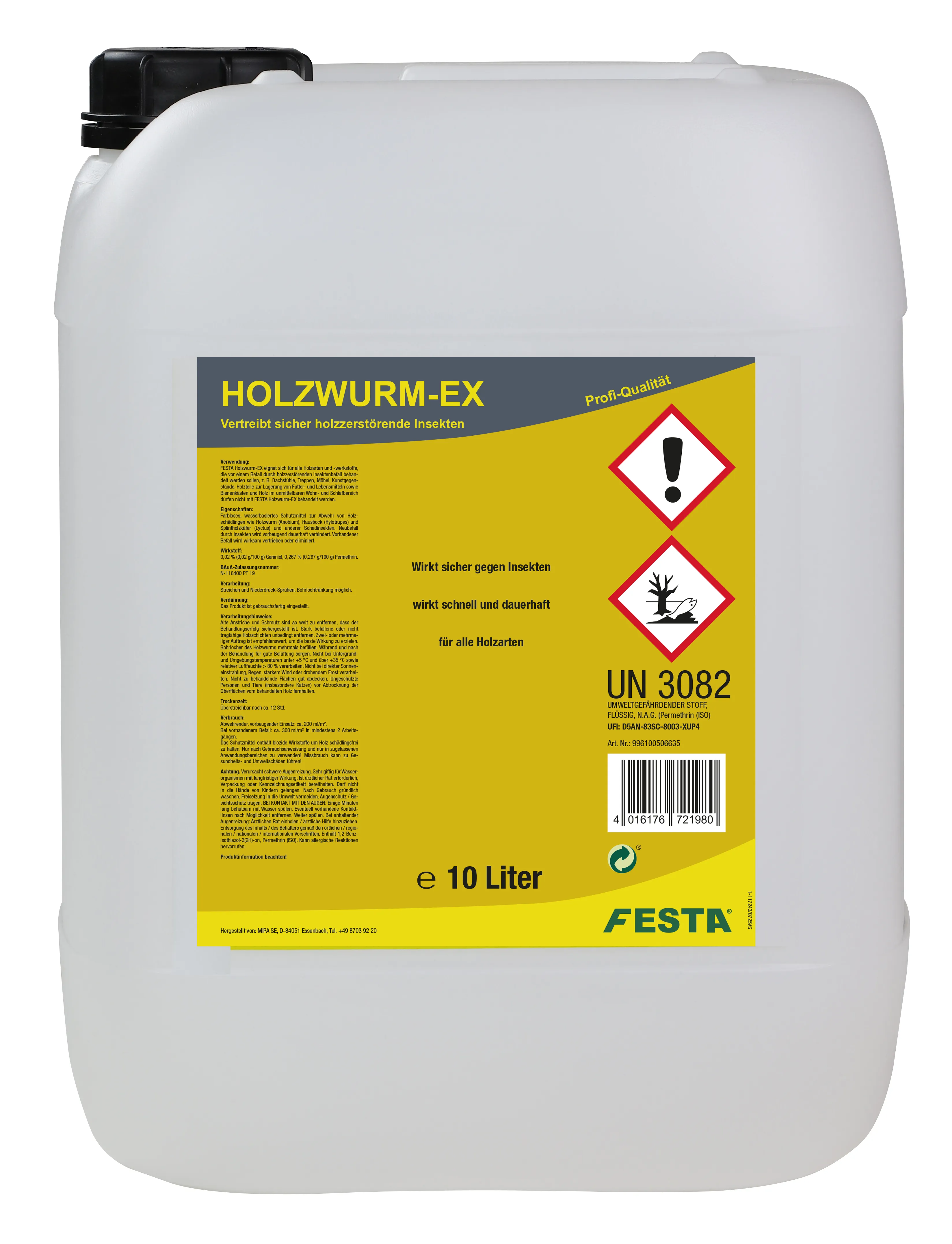 FESTA Holzwurm-EX / Schädlingsbekämpfung, Holzwurmtod, Abwehrmittel 10 Liter