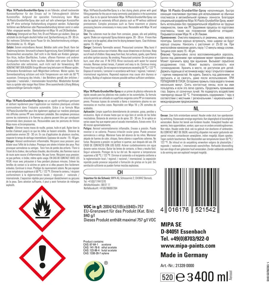 Mipa 1K-Plastic-Grundierfiller-Spray 400ml Kunststoffprimer