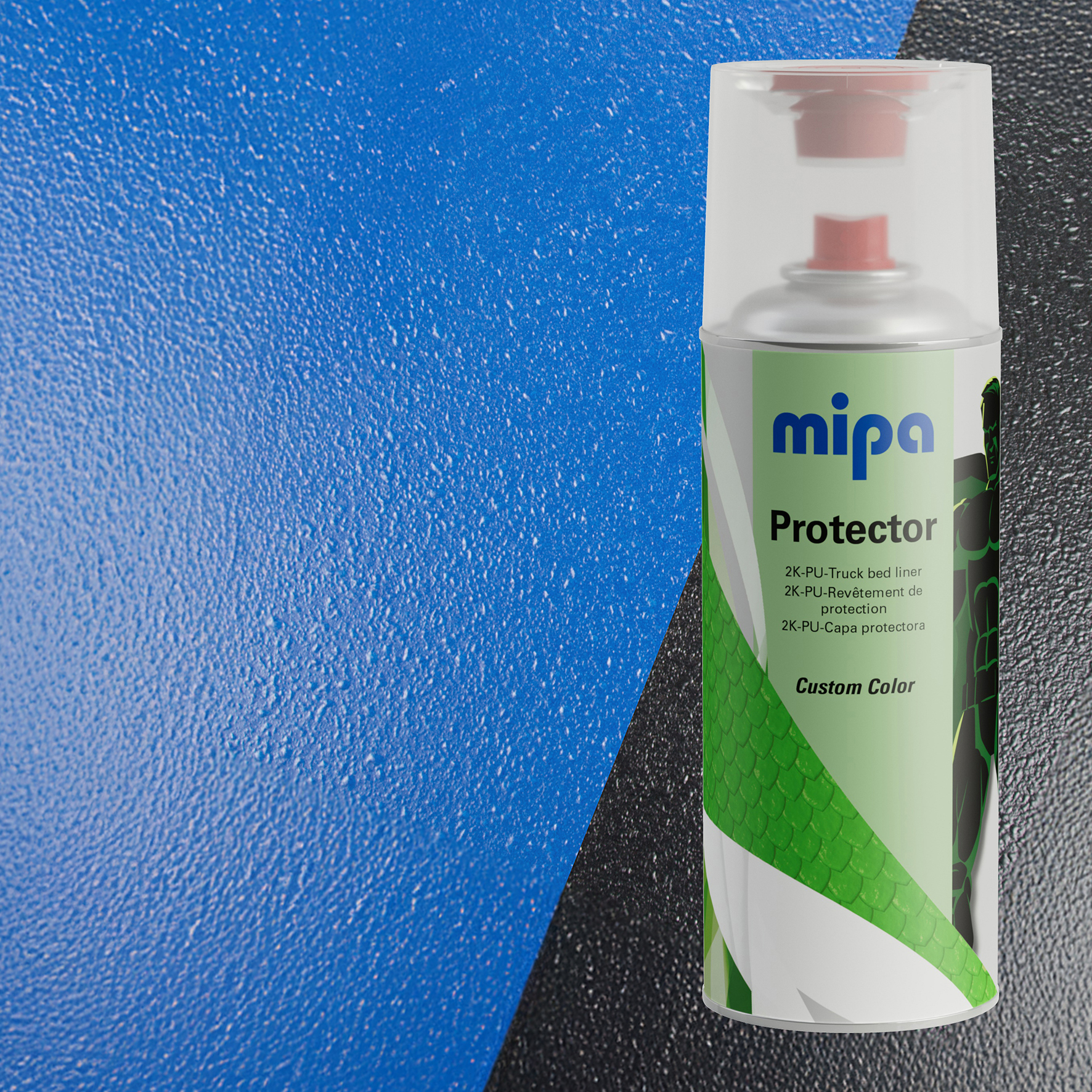 Mipa Protector 2K Spraydose 400 ml vor Struktur-Hintergrund in Blau und Schwarz