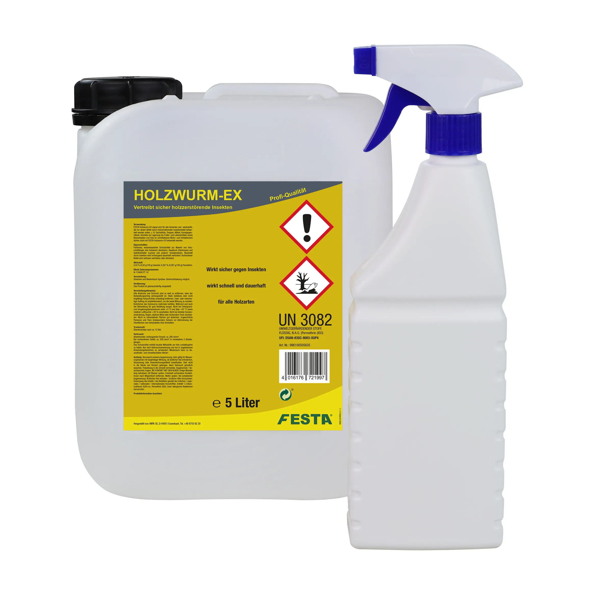 FESTA Holzwurm-EX / Schädlingsbekämpfung, Holzwurmtod, Abwehrmittel, 5 Liter + 500 ml Sprühflasche