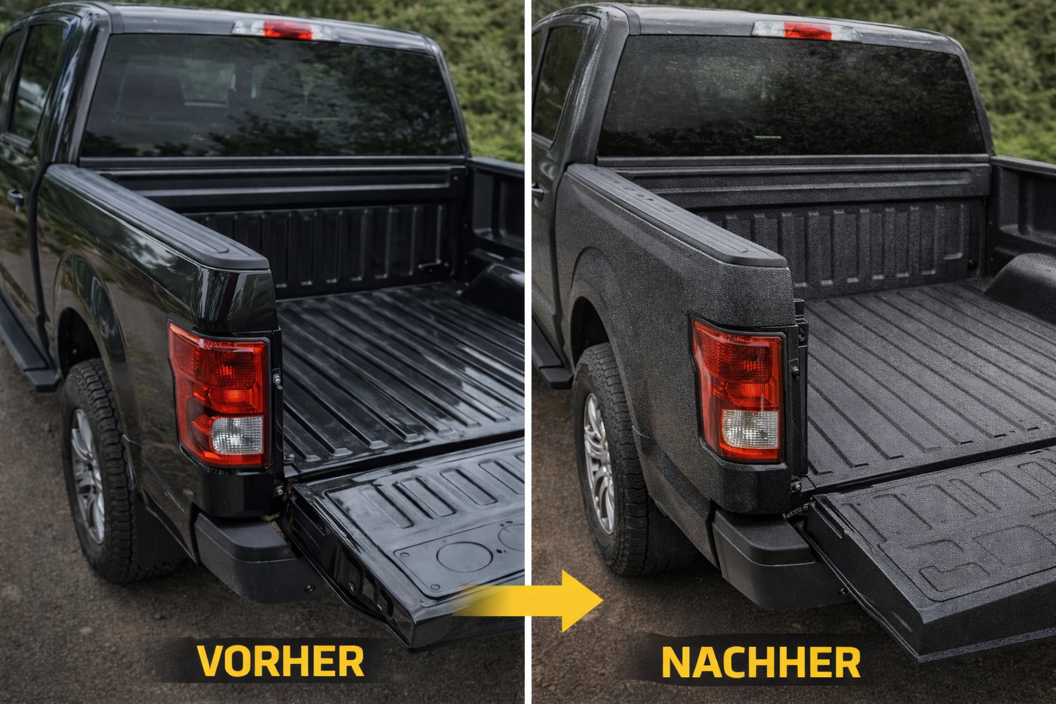 Vorher-Nachher-Ansicht von schwarzem Pick-up-Trucks mit Ladefläche, links mit ungeschützter Ladefläche, rechts mit Mipa Protector-Schutzlack
