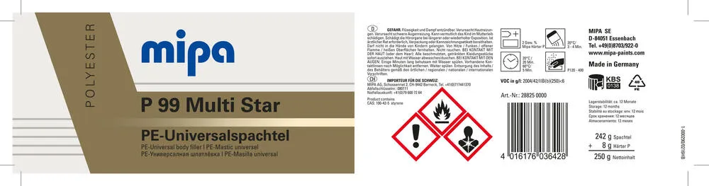 Mipa P99 Multispachtel styrolreduziert Füll / Finishspachtel - 250 g Mipa P99 Multispachtel styrolreduziert Füll / Finishspachtel - 250 g