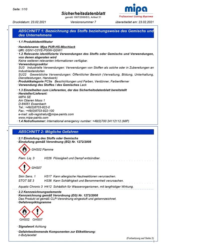 Mipa PUR 2K HS Fahrzeuglack Autolack 0,5 Liter Farbwunsch RAL