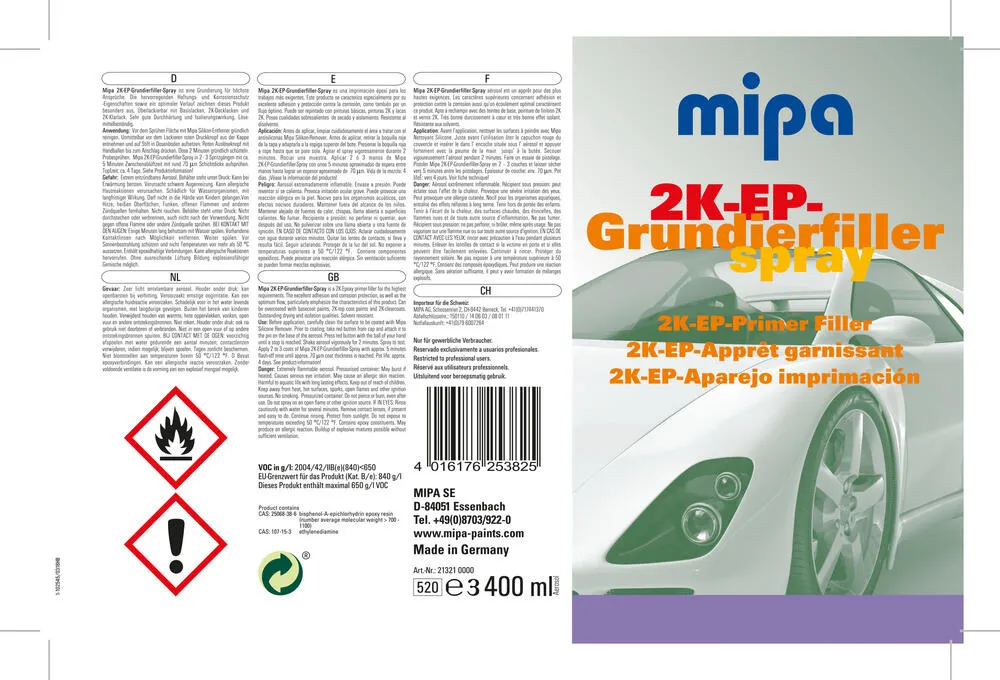 Mipa 2K EP Grundierfiller-Spray inkl. Härter 400 ml Füller Autolack Lackversand Mipa 2K EP Grundierfiller-Spray inkl. Härter 400 ml Füller Autolack Lackversand