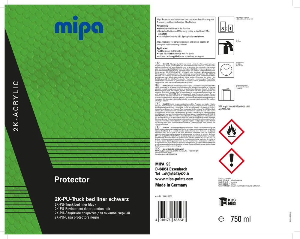Mipa 2K Protector schwarz, Transportflächen Beschichtung 750ml Unterbodenschutz Mipa 2K Protector schwarz, Transportflächen Beschichtung 750ml Unterbodenschutz
