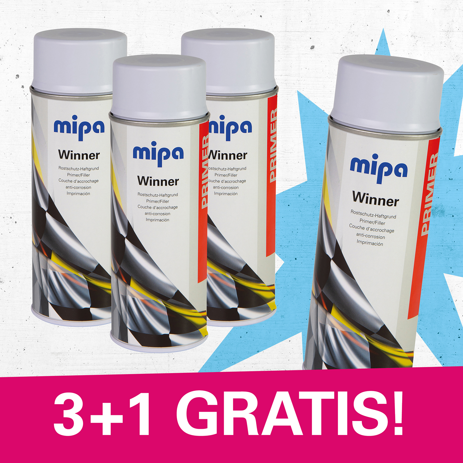Mipa Winner Spray Rostschutz Haftgrund grau Grundierung Autolack 4x400ml – Bundle Set 3+1 GRATIS