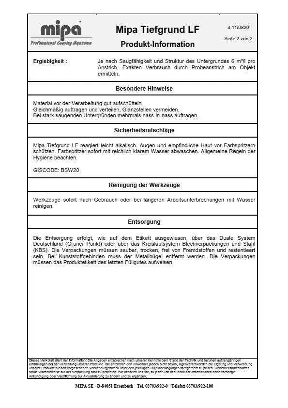 Mipa Tiefgrund LF - 1 Liter Mipa Tiefgrund LF - 1 Liter