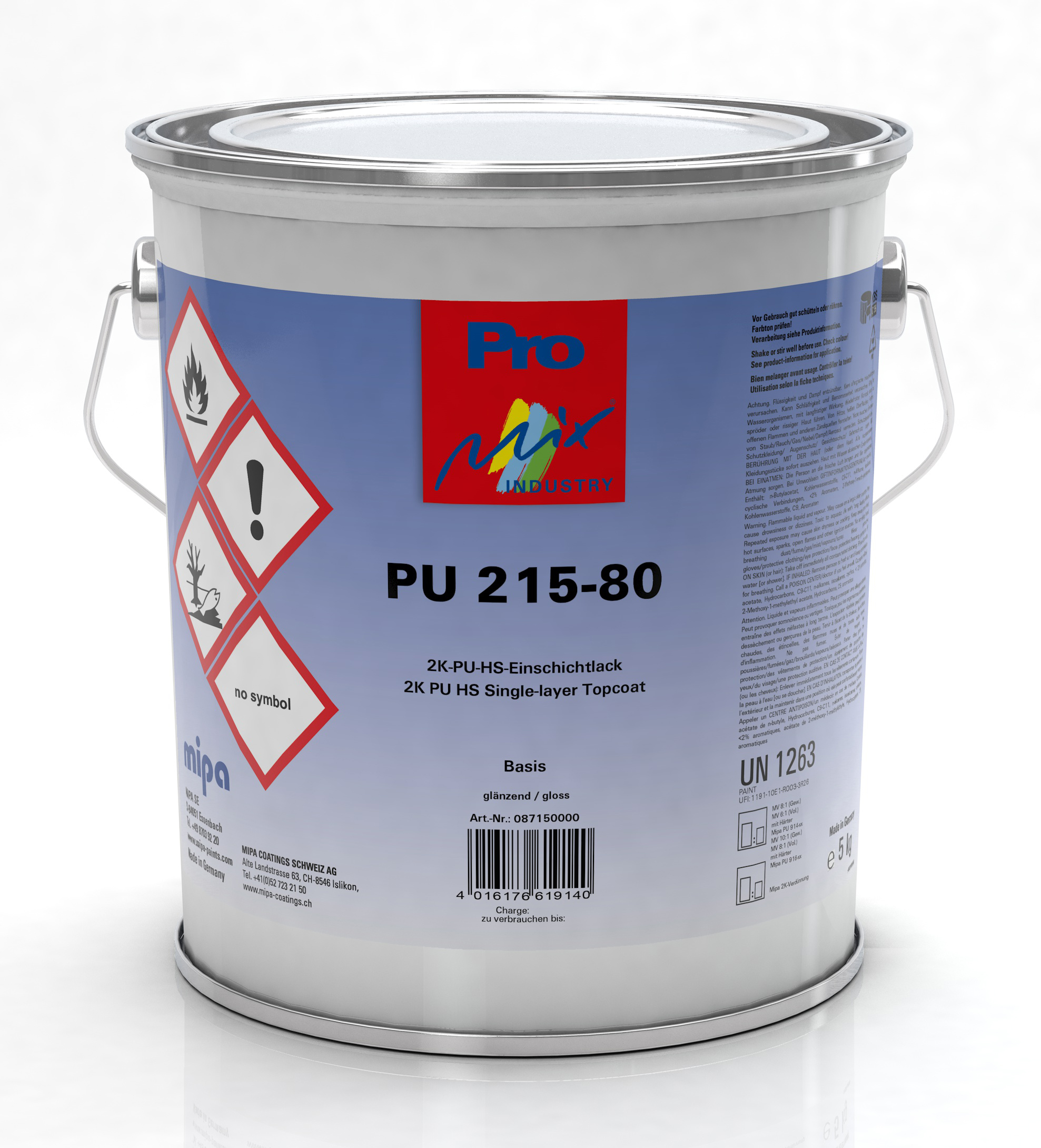 Mipa PU 215-80 2K-PU-HS-Einschichtlack glänzend 5 kg, 3-in-1, Grundierung, Rostschutz & Decklack
