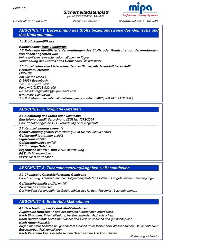 Mipa Leinölfirnis 1 Liter Versiegelung Imprägnierung Holzöl Mipa Leinölfirnis 1 Liter Versiegelung Imprägnierung Holzöl