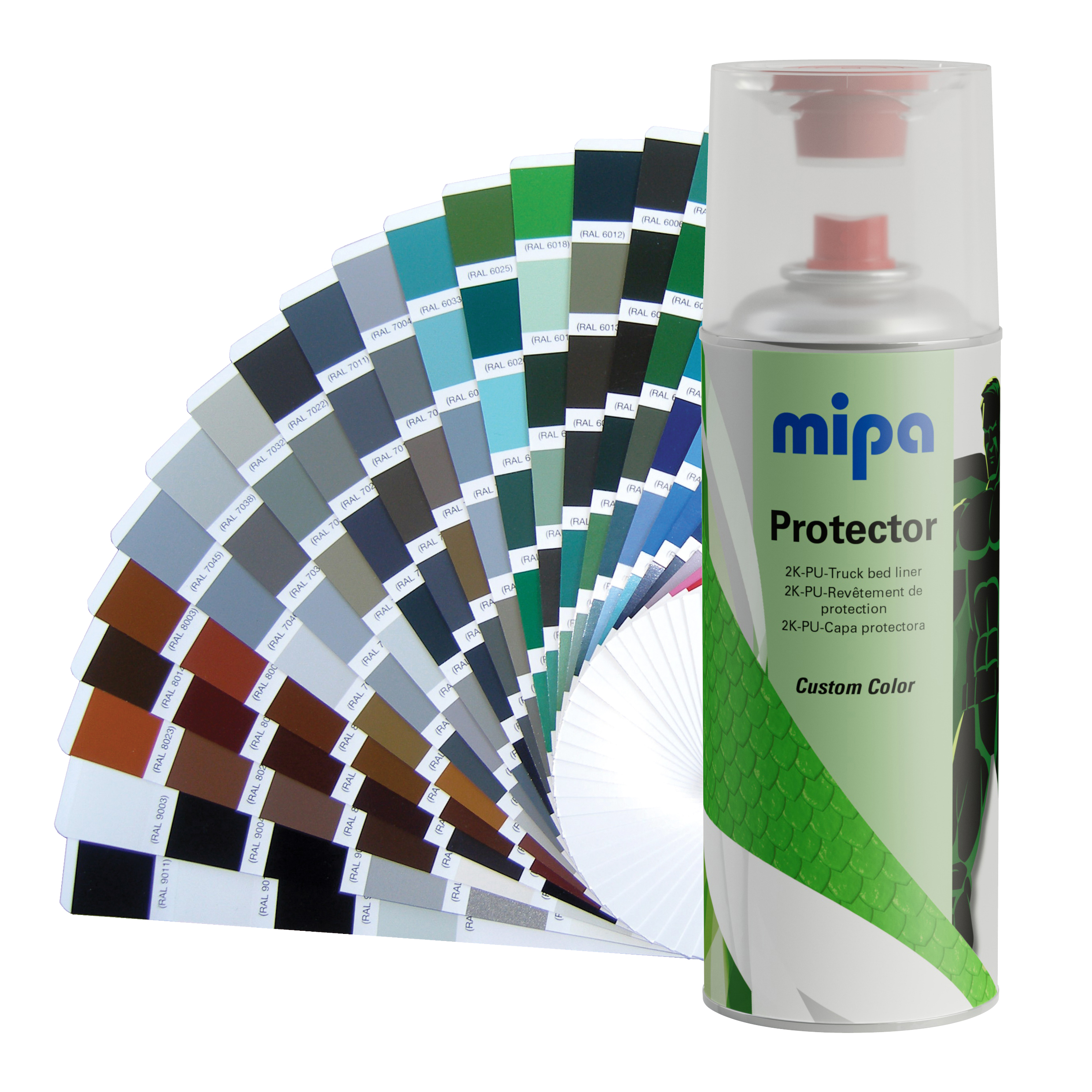 Mipa Protector 2K-Spray in der 400 ml Spraydose vor RAL Farbpalette Mipa Protector 2K-Spray 400 ml RAL/ tönbar 2K-Strukturlack inkl. Härter