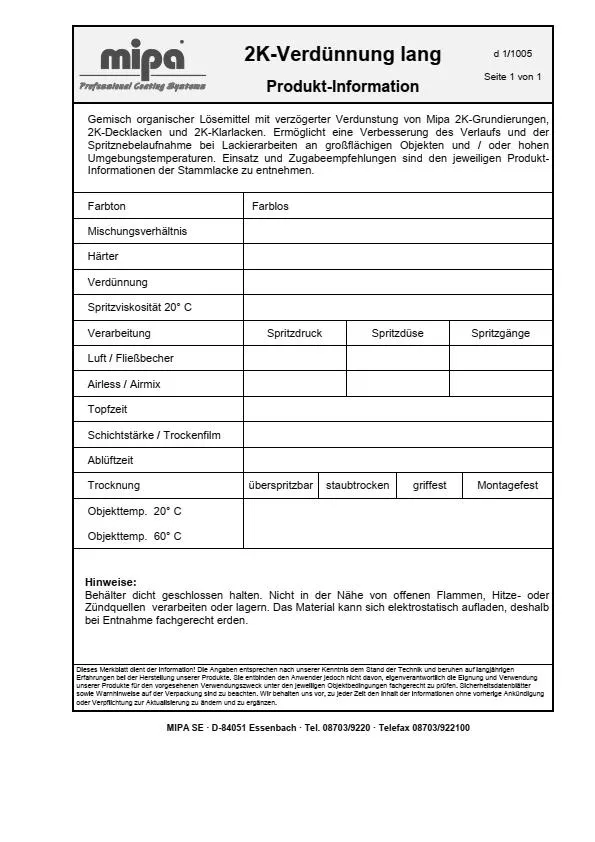 Mipa 2K-Verdünnung lang V 40 - 1 Liter Mipa 2K-Verdünnung lang V 40 - 1 Liter