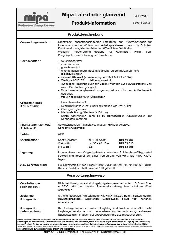 Mipa Latexfarbe glänzend - 2,5 Liter Mipa Latexfarbe glänzend - 2,5 Liter