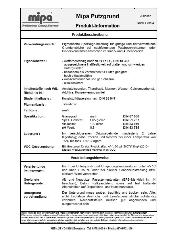 Mipa Putzgrund weiss pigmentiert - 5 Liter