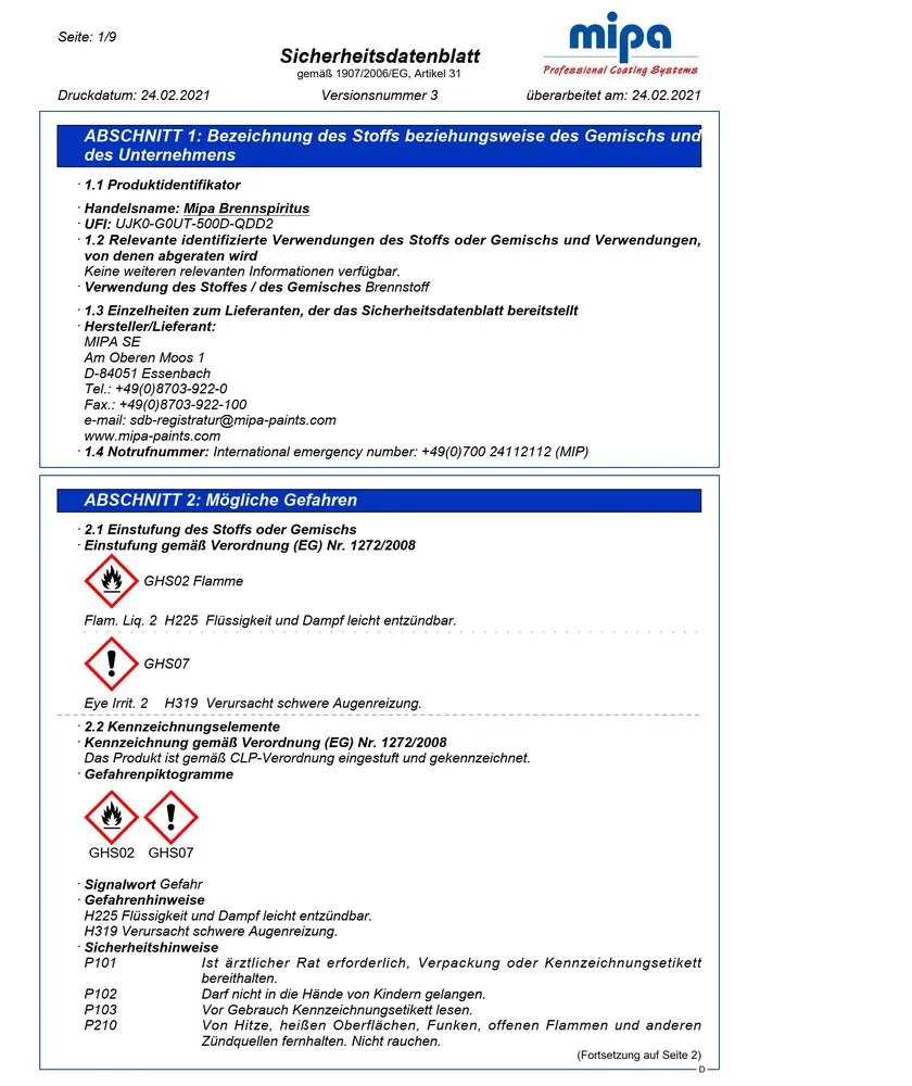 Mipa Brennspiritus 1 Liter Lösemittel Reinigungsmittel Alkohol Entfetter Lack