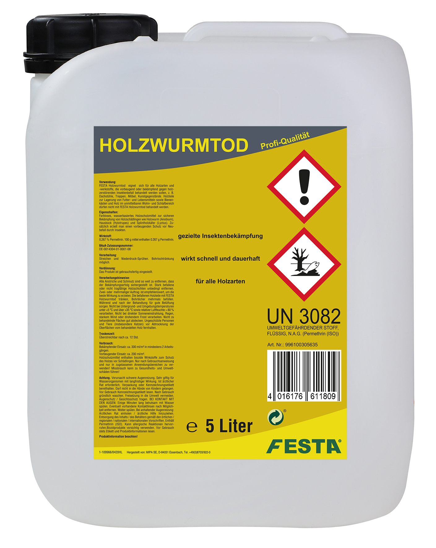 FESTA Holzwurmtod / Holzschutzmittel, Schädlingsbekämpfung, Abwehrmittel 5 Liter